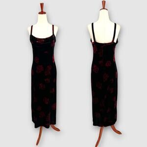 90s Vintage Dawn Joy Evening Black & Red Rose Velvet Slip Floral Maxi Size 6